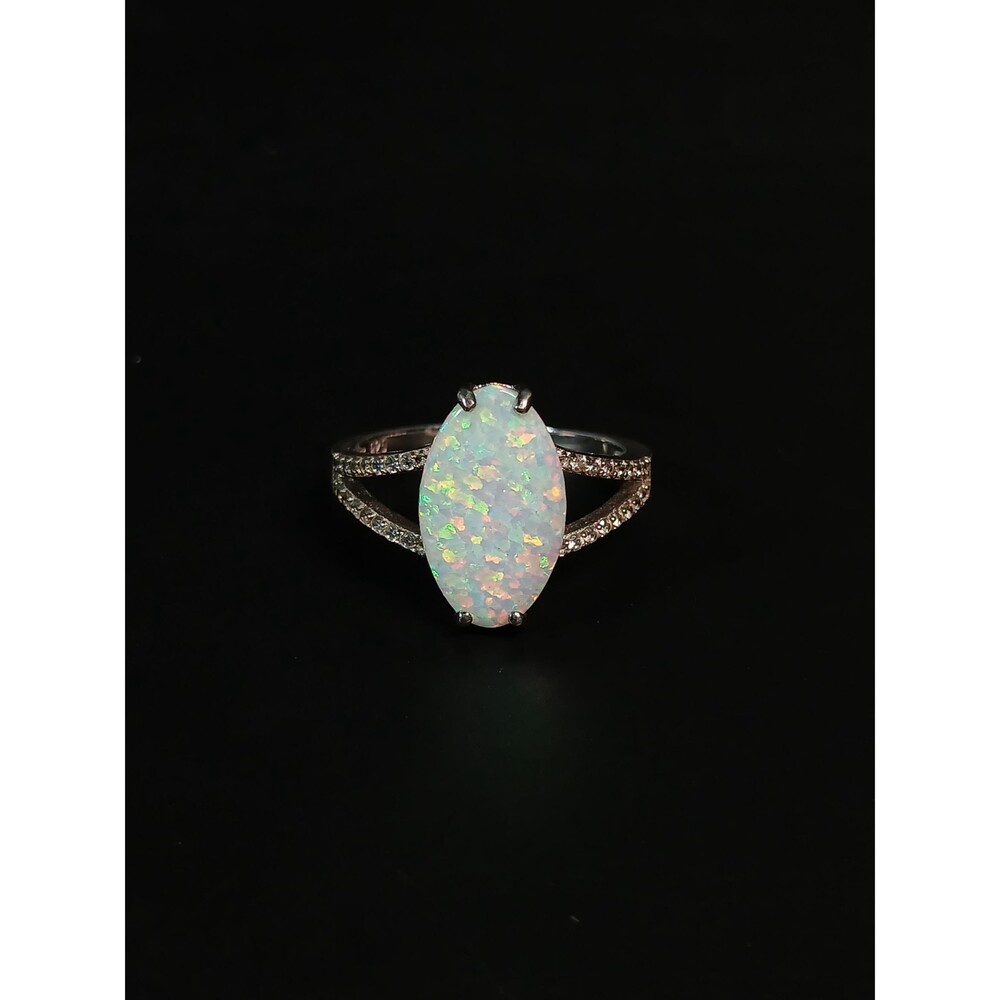 Sterling Silver 925 Marquise Lab Opal CZ Accent Split Shank Ring Size 10